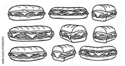 Philly Cheesesteak Line Art Fast Food Sketch Vector
