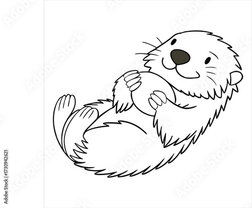 This is a simple, black-and-white line drawing of an otter. The otter is depicted in a cute, cartoonish style, lying on its back with its paws clasped together near its chest. 