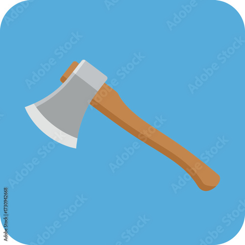 Axe with wooden handle and metal head on a blue rounded square background.