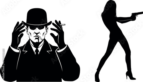 Vintage gangster silhouette with cigarette and dramatic female shooter in heels, black and white vector illustration for crime-themed design