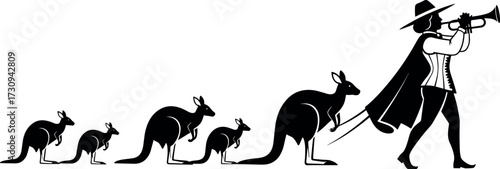 Whimsical Pied Piper Leading Kangaroos with Trumpet in Black and White Style, Australian Wildlife Fantasy Music Concept Vector Illustration