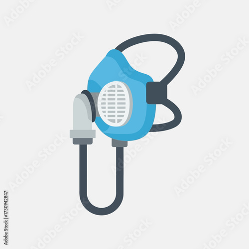 Blue respirator mask with black straps and tube on a light background.