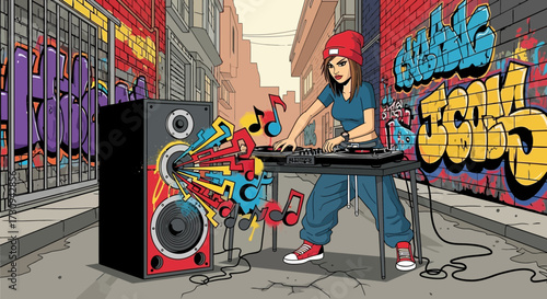 Urban Beats: A Female DJ Spinning Records in a Vibrant City Alleyway