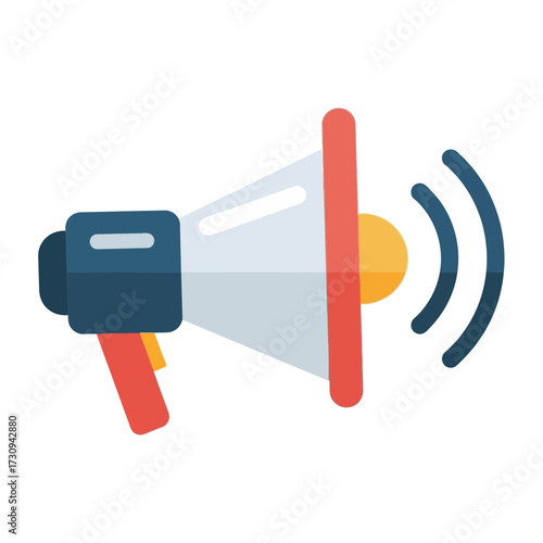 A megaphone icon in blue white and red with sound waves emanating.