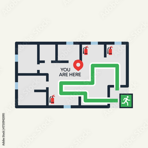 Floor plan showing emergency exit route with green arrow and exit sign.