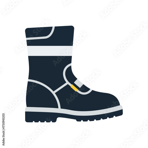 A single dark blue work boot with white accents isolated on white.