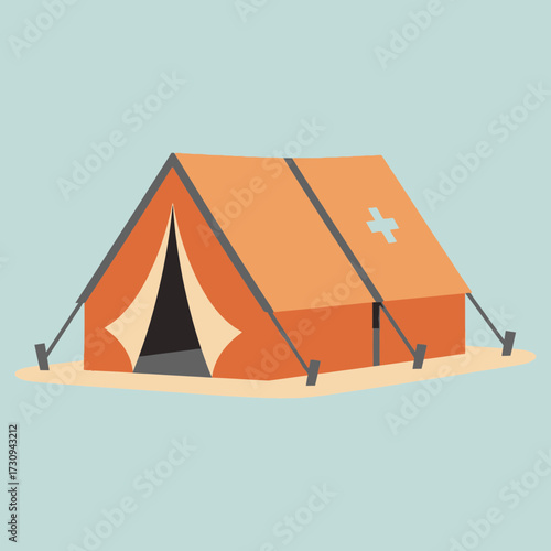 A brown tent with white accents is set against a light blue background.