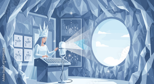 Frozen kingdom: Ice queen producing digital music in crystal cave studio