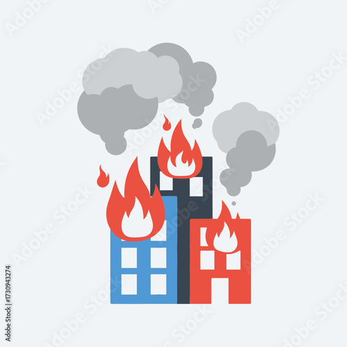 Buildings are on fire with smoke rising against a light background.