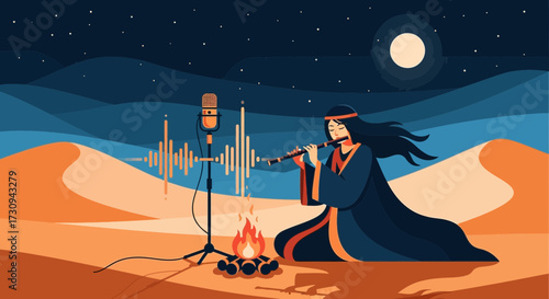 Serene Desert Melodies: A Flutist's Campfire Performance under the Night Sky