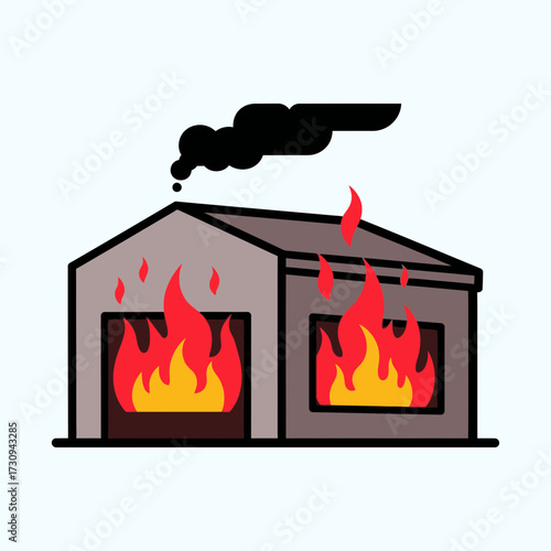 Building with two sections engulfed in flames with dark smoke rising.