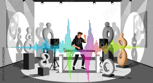 Animated music night event with dj playing music within a modern art gallery