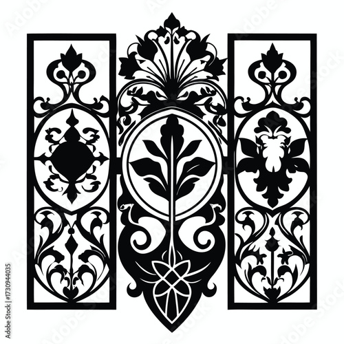 Intricate Black Silhouette Design with Ornate Floral and Geometric Patterns Within Frames
