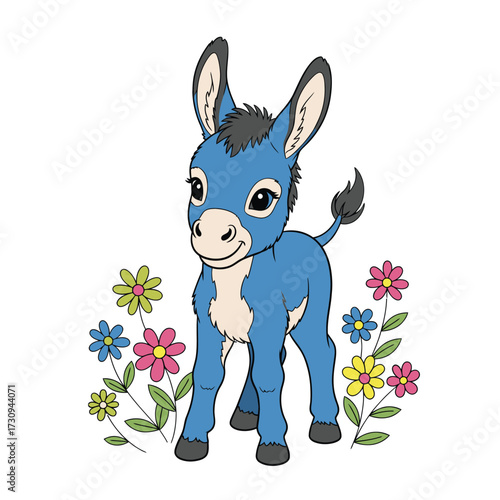 Adorable cartoon blue donkey standing among colorful flowers isolated on white background