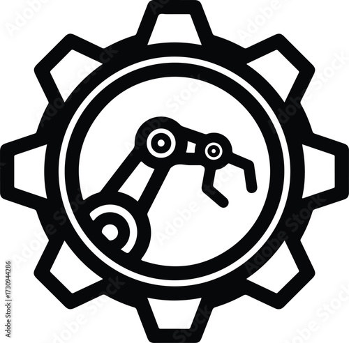 Silhouette robotic arm inside gear symbol representing automation vector illustration