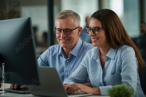 Coworkers of different generations collaborate virtually using desktop and laptop in modern office