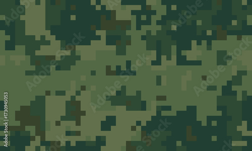 Abstract pixelated camouflage pattern in shades of green. Ideal for backgrounds, textures, or militarythemed designs.  Evokes a sense of concealment and strategic planning.