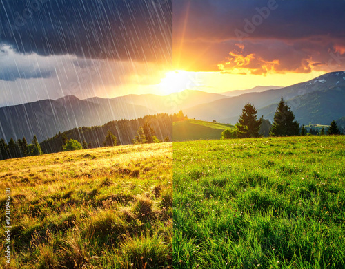 rain versus sunny weather on a field with green grass and mountains
