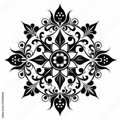 Intricate Floral Mandala Design in Black Ink, Geometric Symmetry and Stylized Elements