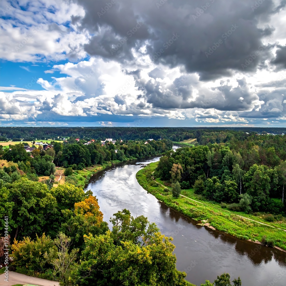 Fototapeta premium Scenic river winding through lush landscape