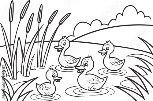 Cartoon Ducks Swimming in a Pond with Cattails and Grassy Banks