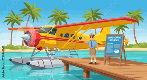 Seaplane adventure on tropical island, cartoon style illustration of vibrant destination