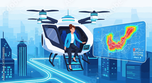 Futuristic autonomous air taxi service in cityscapes with data visualization and passenger