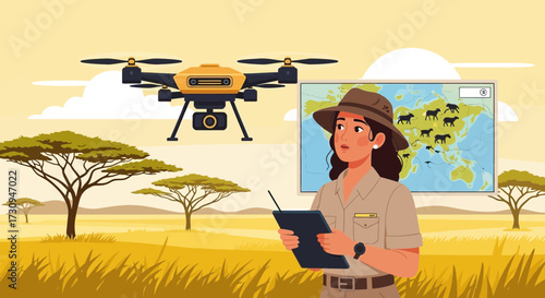 Wildlife Researcher Utilizing Drone Technology to Survey Animal Populations in Africa