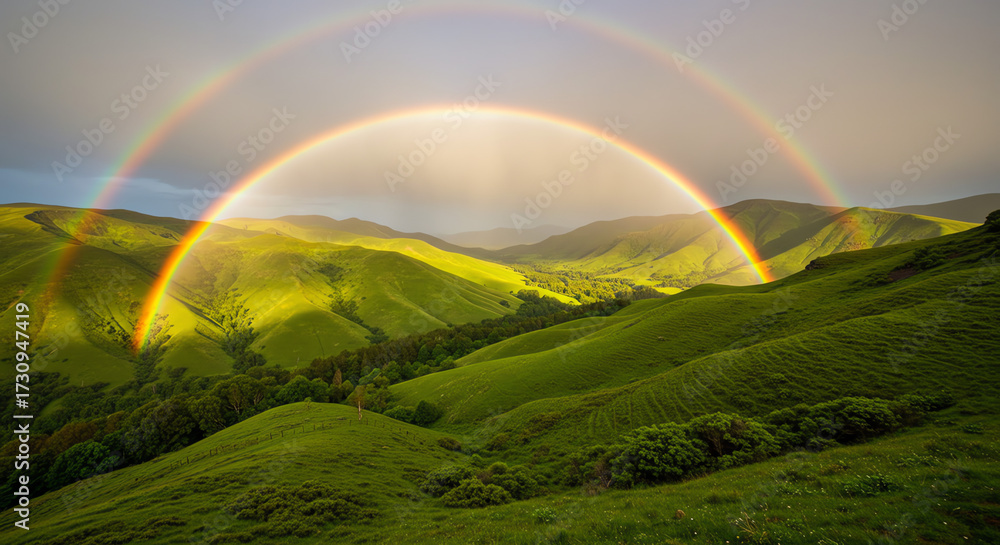 Obraz premium Double rainbow over green hills landscape