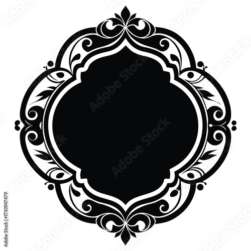 Schilderij op canvas Ornate Black Floral Frame Graphic with Center Space for Text and Image Inserts