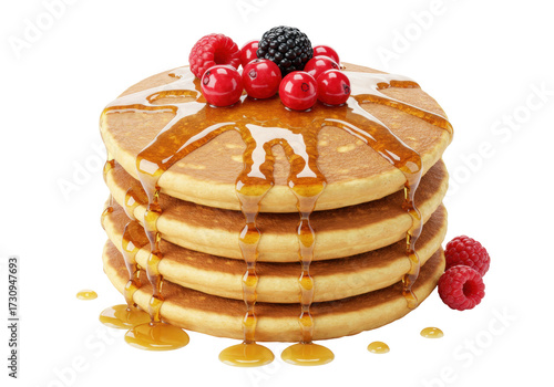 Stack of pancakes with berries and syrup isolated, delicious breakfast food with raspberries and cranberries for dessert menu