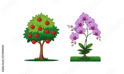 Vector illustration of apple tree with red apples and orchid flower plant, botanical garden design for nature, farming, and decoration [Converted]