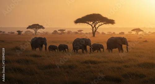 Fototapeta samoprzylepna Elephant family walking in African savanna sunset