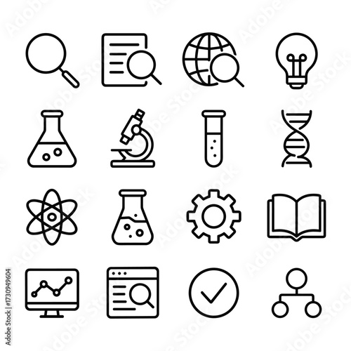 Investigation study research vector icons. Outline symbols. Line design