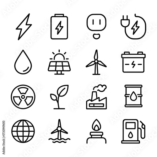 Energy power generation icon collection. Outline symbols. Line design