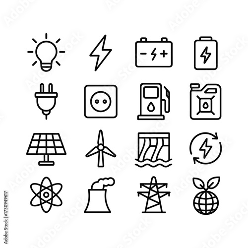 Electric power energy symbol set. Outline symbols. Line design