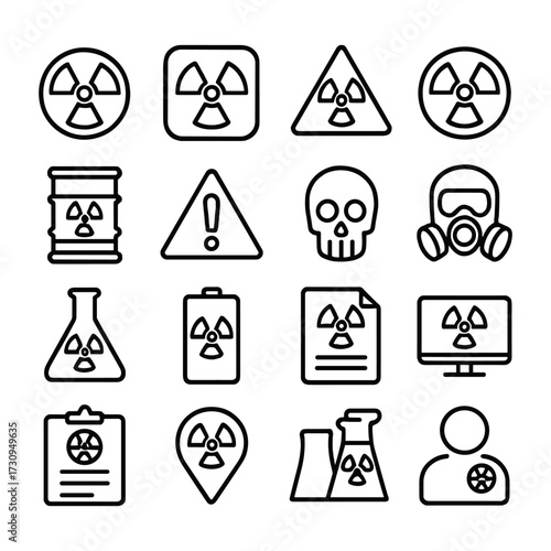 Nuclear radiation and atomic energy icon bundle. Outline symbols. Line design
