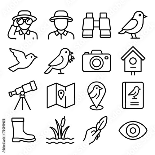 Birdwatcher with binoculars nature observation icon. Outline symbols. Line design