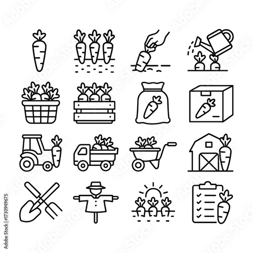 Vegetable gardening and carrot cultivation icon bundle. Outline symbols. Line design