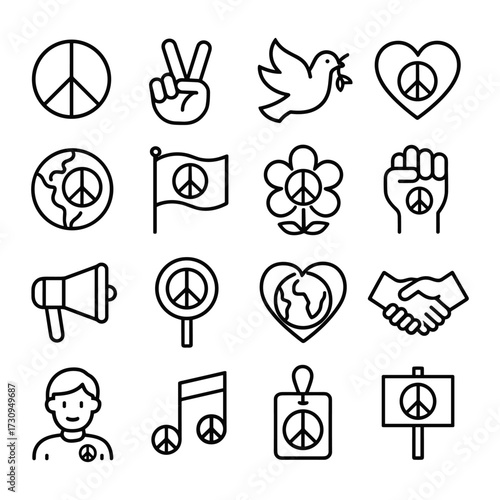Peace and harmony symbol collection. Outline symbols. Line design