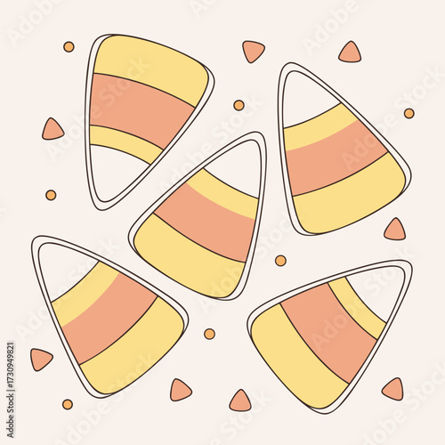 Colorful candy corn shapes in playful arrangement on light background  