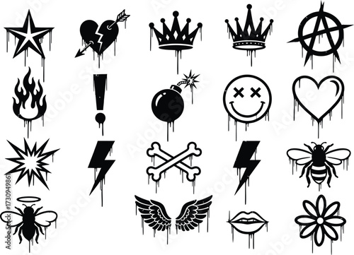 Graffiti style icons set urban art street culture symbols silhouette