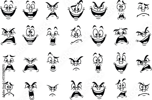 Collection of cartoon faces expressing various emotions and feelings silhouette