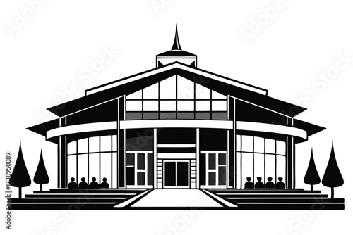 Black and White Illustration Modern Building with People Silhouette and Trees Decoration