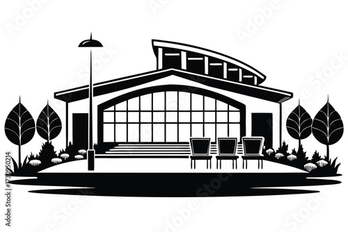 Black and White Building with Large Window and Chairs Landscape Illustration Vector