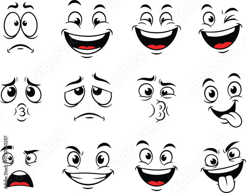 Diverse cartoon face expressions for emotional impact and communication silhouette