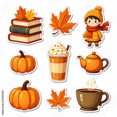 Cute fall stickers set for scrapbooking and journaling, featuring pumpkins, autumn leaves, books, hot drinks and a cozy dressed character, perfect for seasonal crafts