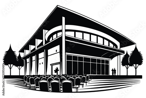 Black and White Illustration of Modern Building With Auditorium and Trees Silhouette Design