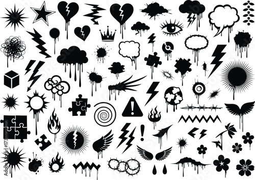 Diverse graffiti elements collection with spray paint and grunge textures silhouette