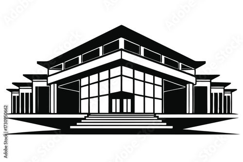 Modern Building with Pagoda Style Roof, Glass Facade, and Steps in Black and White
